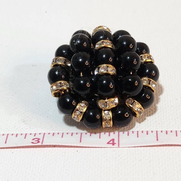 Vintage 1980s, Clip Earrings, Black Beads with Gold Toned and Crystal Accents. - Picture 4 of 4